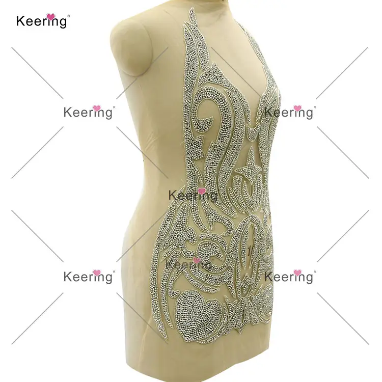 WDP-394 Keering Crystal Beaded Lace Wedding Dress White Applique Short Gold And Silver Rhinestone Applique Front Bodies