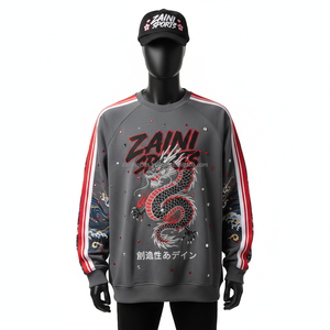 320 GSM algodón poliéster polar Tela Gris rojo rayas manga logotipo personalizado impresión en relieve diamantes de imitación básicos sudaderas - Product Image 1