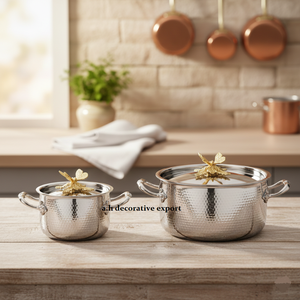 Ensemble de casseroles élégantes en acier inoxydable martelé argenté avec finition dorée en forme de papillon, design européen moderne, écologique, fabriqué à la main - Product Image 3