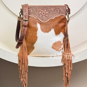 Mode dames frange usiné à la main en cuir sac à bandoulière grande capacité en cuir de vachette véritable conception florale sac à main pour femmes - Product Image 1