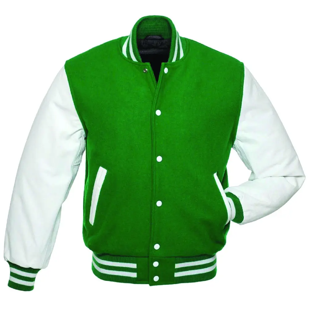 Wholesale Bulk Manufactured Men Green Fleece College Varsity Jacket For Sale Plain Casual Letterman Jacket With Polyester Lining
