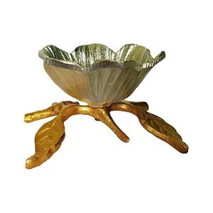 Cuenco de aluminio decorativo en forma de flor con soporte de hojas adjunto en color dorado y plateado Cuenco bellamente hecho a mano a granel - Product Image 4