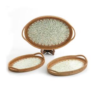 Ensemble de trois plateaux de service en rotin et nacre de tailles différentes, plateau à chocolats, best-seller - Product Image 2