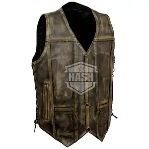 New Men 2023 Professional Motorcycle Leather Vest Perforated Black Leather Cow skin Biker Vest with custom logo