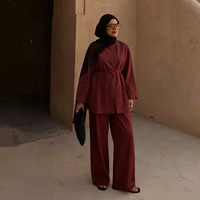 Setelan Abaya Islami Baru Loriya dengan Kancing Kecil, Pakaian Muslimah Modis 2 Potong Atasan Celana untuk Kegunaan Sehari-hari Santai