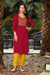 Estampado de rayón dorado con bordado con encaje Kurtis para venta en línea - Product Image 6