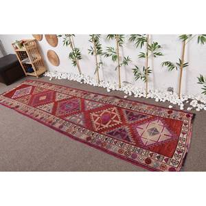 Alfombra Kilim turca Vintage 3 'X 11,2 'yute tejido plano rojo púrpura con patrón de retazos respaldo de látex diseño de pasillo Rectangular - Product Image 1