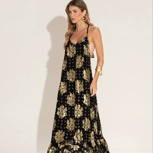 slim fit dress slacks Gold & Black Contrast Midi Dress – Chic Semi-Formal Elegance – Al Zarif main image 1