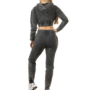 Conjunto Deportivo de Dos Piezas para Mujer, Estilo Vintage, Lavado Ácido, Algodón, Cierre de Cremallera, Top Corto, Diseño Sólido, para Invierno - Product Image 6