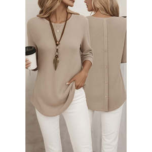 เสื้อวาฟเฟิลแขนยาวคอกลมติดกระดุมด้านหลัง รุ่น 29598 - สีเบจ - Product Image 1