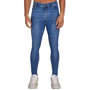 Jean slim vieilli pour homme bleu moyen en denim robuste, streetwear, coupe ajustée, aspect déchiré, confortable, jean de tous les jours - Product Image 1