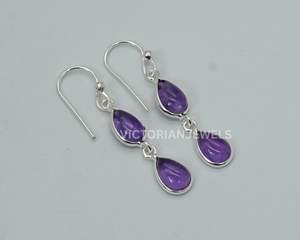 925 argent sterling massif améthyste violette mois de février pierre de naissance deux pierres crochet boucle d'oreille - Product Image 1