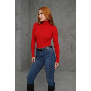 Pull col roulé rouge en tricot pour femme avec détails côtelés – Vente en gros - Product Image 5