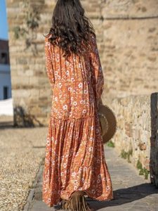 Boho Floral Print Frill Vintage Bohemian Print V-Neck Street <b>Dress</b> Casual Summer Loose Long Sleeve <b>Dress</b> Maxi <b>Dress</b> - Product Image 4