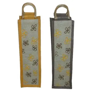 One Bottle Wine Bag Allover Floral Design Wooden Cane Handle Customized Embroidery Jute Bottle Bag