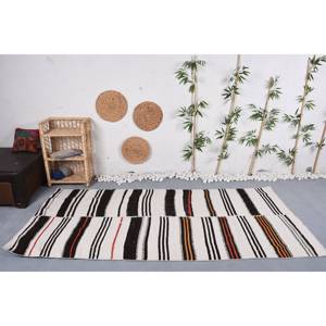 Alfombra turca Vintage moderna, blanca, negra, a rayas, clásica, 4x8,6 pies, diseño de retazos rectangulares, lana para entrada, látex de 10mm - Product Image 1