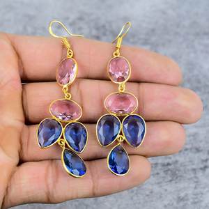 Rose Kunzite & Tanzanite Quartz Gemstone Dangle Drop Boucle D'oreille En Argent Sterling 925 Plaqué Or Boucle D'oreille Ovale Poire Boucle D'oreille De Mariage - Product Image 2