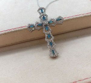 JEWELSPAARK 1.03 Ct Baguette Round Natural White Blue Diamond <b>Cross</b> Sterling Silver Link <b>Chain</b> Religious Pendant Necklace - Product Image 1
