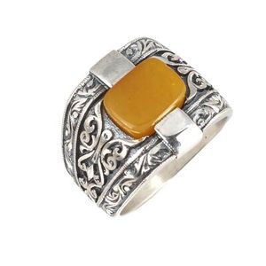 925 Sterling <b>Silver</b> Rectangular Men's Ring with Radiant Cut Amber Stone and <b>Pen</b> Design Bezel Setting Inlay Everyday Wear - Product Image 1