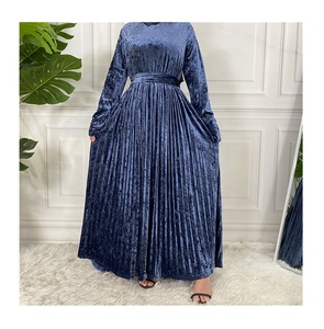 Autumn Winter Elegant Modest Muslim Dress Dubai Turkish Causal Outfits; Linen Satin Pleated Velvet; Solid Color Abaya <b>Kaftan</b> - Product Image 3