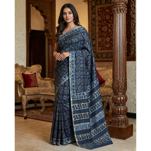 Sari ethnique Chanderi imprimé, coupe droite, avec chemisier en tissu chiffon - Product Image 1