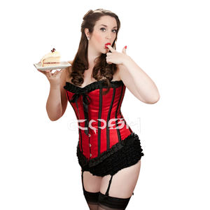 Red Satin Corset Top with Black Ruffle Trim & Front Ribbon Bow Also Available in Many Colors - Product Image 6