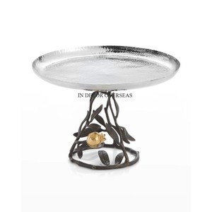 ขาตั้งเค้กทรงกลมขัดเงาเคลือบเงาสีเงินพร้อมขาตั้งใบเคลือบแป้งสีดำ - Product Image 1