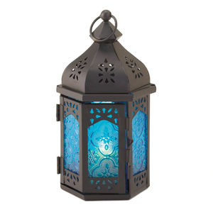 Faroles Marroquíes Colgantes de Cristal Azul, Farol Decorativo de Metal Negro para Decoración del Hogar y Luces Navideñas - Product Image 1