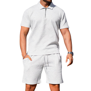 Custom Summer Breathable <b>Knitted</b> 100% Cotton Polo <b>Set</b> for Men Zipper Sport Tracksuits (Customizable) - Product Image 2