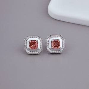 Lab Grown Pink <b>Emerald</b> Cut Diamond Octagon Halo Luxury <b>Stud</b> <b>Earrings</b> Rhodium Plated 14K White / Rose / Yellow Gold | OEM - Product Image 1