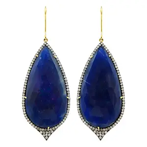Pendientes Largos en Estilo Vintage Aretes de Zafiros Azules Pedientes en Oro Amarillo de 14k y Plata Esterlina 925 Earrings