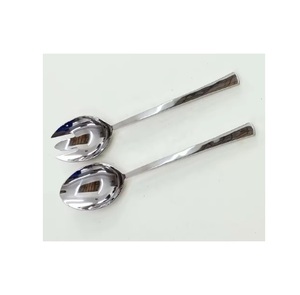 Juego de servidor de ensalada de lujo, juego de servidor de ensalada de acero inoxidable con mango hecho a mano de extremo plano de plata redondo elegante lindo - Product Image 1