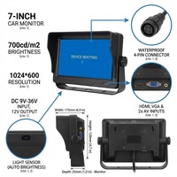 Moniteur de voiture 7 pouces VGA/AV |   Caméra de recul avant |   Écran partagé |   800 Nits, lisible en plein soleil |   Prise d'aviation à 4 broches |   1080P