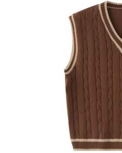 Brown Beige <b>Cable</b> <b>Knit</b> Sleeveless <b>Sweater</b> Vest With Striped V Neck Soft Warm Knitwear Stylish Mens Fashion Winter Casual Wear - Product Image 2