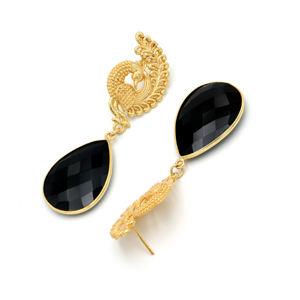 Dua Black <b>Onyx</b> Peacock <b>Earrings</b> Handmade Gold Plated Elegant Jewelry - Product Image 2