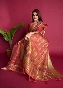 Premium Tissue <b>Organza</b> <b>Silk</b> Saree With Fine Embroidered Work on Border and Pallu with Zari Weaving With Fancy Latkans Wholesale - Product Image 6