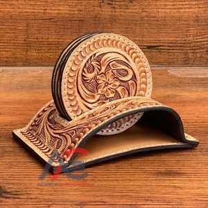 Sous-verre en cuir usiné à la main avec support, ensemble de 4 sous-verres en cuir véritable, table à café, tapis, tasse, fabricant - Product Image 1