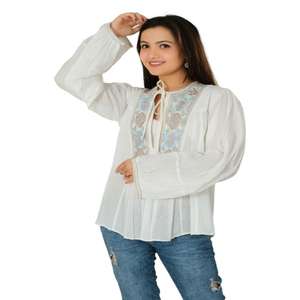 Top bordado de algodón bohemio para mujer, blusa bordada a mano sólida de diseñador, ropa informal de verano, camisa Bohemia ligera - Product Image 1