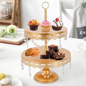 Présentoir à gâteau en métal texturé plaqué or à deux niveaux au design élégant avec poignée en métal Présentoir à gâteau décoratif de luxe nouveauté - Product Image 2