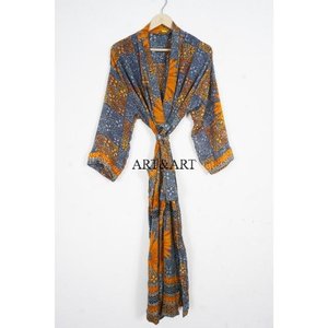 Wholesale Summer 100% Silk V-neck Drawstring Closure Soft Robe Hand Stitched Kimono Belt Boho Floral Unisex Bathrobe Women's - Product Image 1