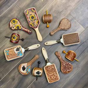 High Quality Engraved Tooled Leather 3 Pieces Vanity Set Women Hair <b>Accessory</b> Hair Stick Cosmetic Mirror Leather Hairbrush Sets - Product Image 5