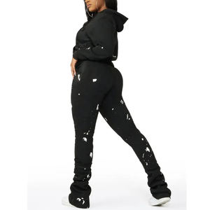 Vente chaude bouffée impression pantalons de survêtement évasé stracked élégant survêtement pour les femmes USA taille pull fermeture éclair complète survêtement à capuche - Product Image 6