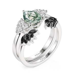 Bague en argent sterling avec agate mousse taille poire du Rajasthan, motif floral, bijoux de fiançailles romantiques pour femme, par Ishwar Art Jewellery - Product Image 4