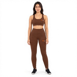 Women Yoga Set High Waist <b>Leggings</b> and Racerback Sports Bra <b>Brown</b> 2 Piece Set Breathable Spandex Polyester Full Length - Product Image 1