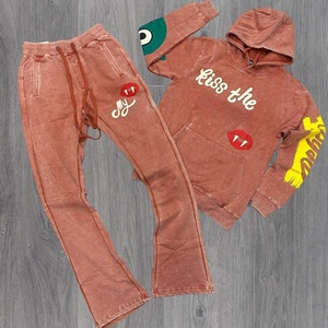 Ensemble de pantalons de survêtement à capuche délavés au soleil deux tons avec broderie imprimée personnalisée unisexe Patchwork Pullover Jogger Tracksuit Plus Size - Product Image 3