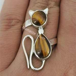 Handmade Tiger's Eye Sterling Silver Cat <b>Ring</b> Boho <b>Statement</b> Jewelry for Her for Birthday Anniversary Valentine's Day Gift - Product Image 2