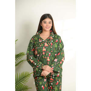 Ensemble pyjama 2 pièces pour femme en coton, motif de Noël, manches longues, tissu respirant, taille élastique, boutonné - Product Image 2