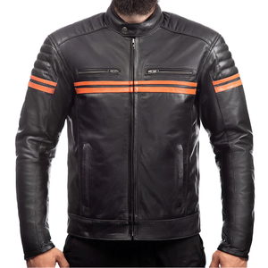 Biker Leather Jacket with Orange Stripes Classy Waterproof Road Protected Motorbike Jacket For Men - Product Image 1