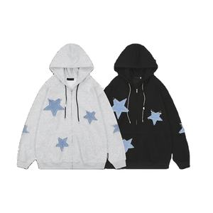 Sudadera tipo cárdigan de otoño para hombre, estilo europeo americano, 100% algodón, transpirable, cuello en V, corte holgado, con estampado de estrellas bordadas y bolsillo. - Product Image 3