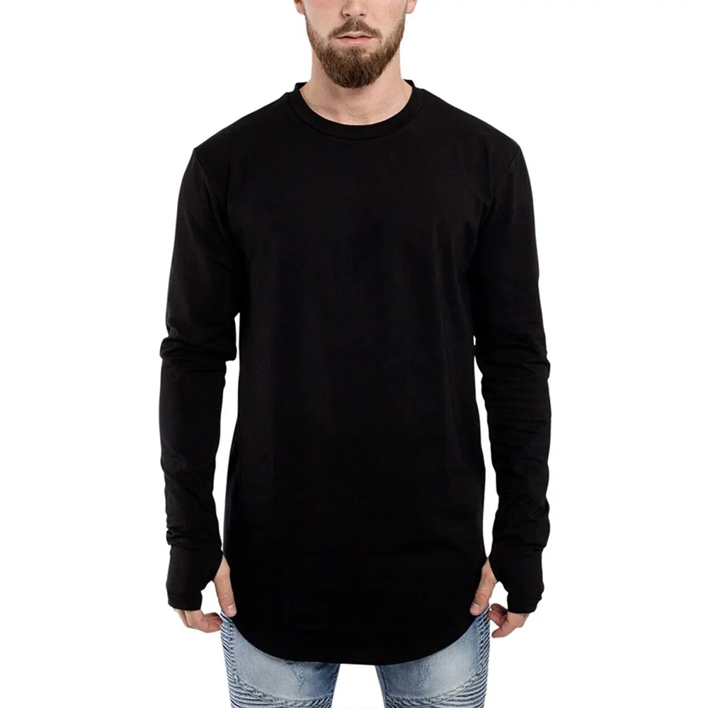 T-shirt extra long coupe ajustée avec trou pour le pouce pour hommes Chemises en coton de haute qualité à la palangre avec logo personnalisé noir et ourlet incurvé